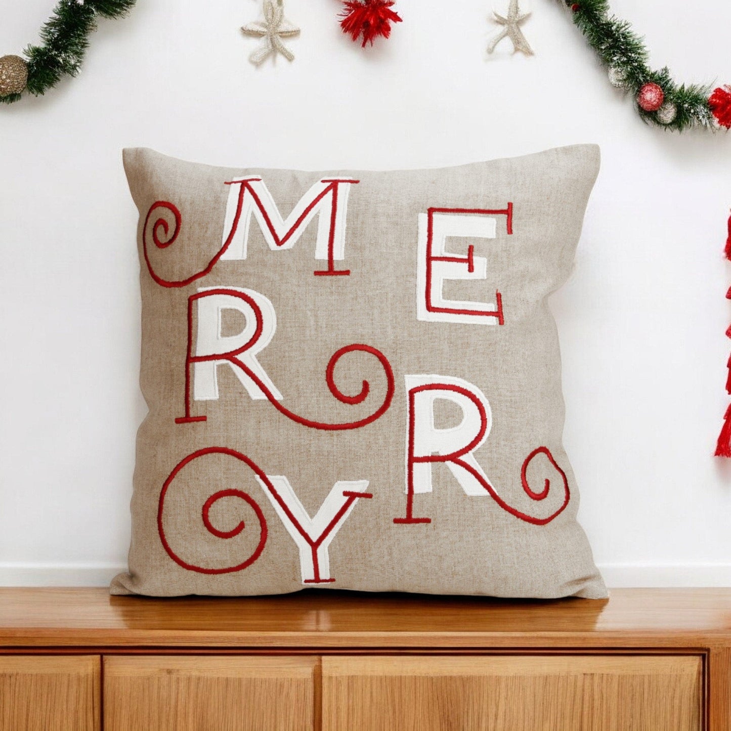 MERRY Christmas Embroidered Linen Pillow Cover – Red White Festive
