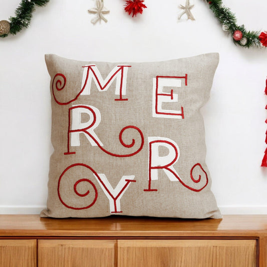 MERRY Christmas Embroidered Linen Pillow Cover – Red White Festive