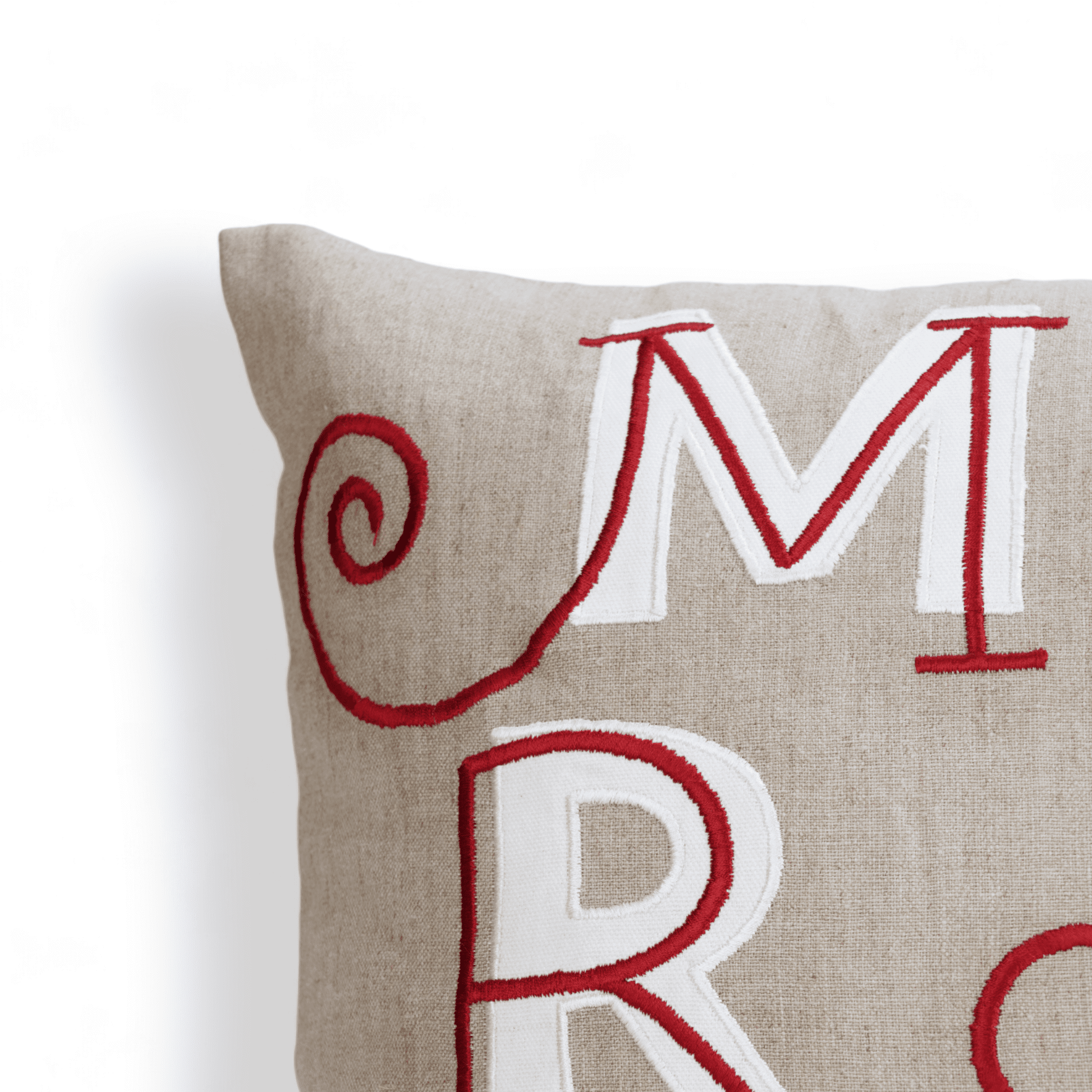 MERRY Christmas Embroidered Linen Pillow Cover – Red White Festive