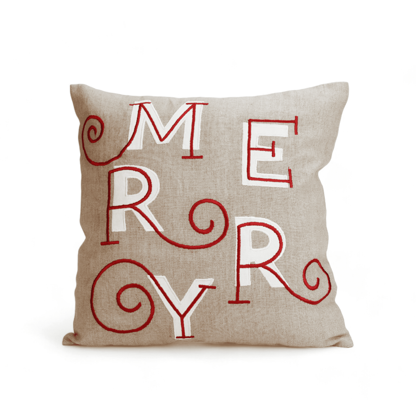 MERRY Christmas Embroidered Linen Pillow Cover – Red White Festive