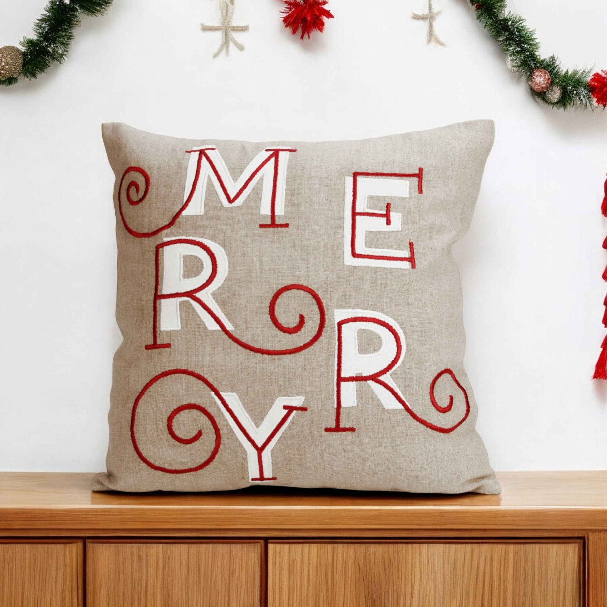 MERRY Christmas Embroidered Linen Pillow Cover – Red White Festive