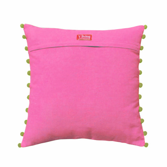 Stylized Solid Pink Cushion Cover with Rice Stitch & Pompoms