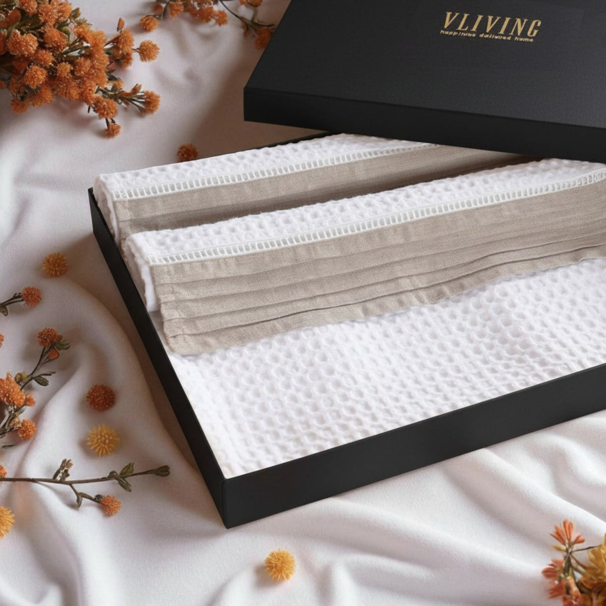 GIFT PACK - Luxury Organic Cotton Waffle Towel Set – 3 Piece | Pintuck Linen & Lace Trims