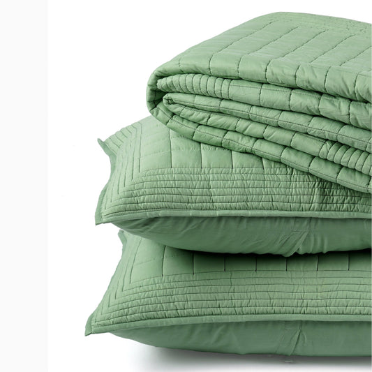 Sage Green Kantha Quilt Bed Set | Check Pattern with Striped Border | Cotton Voile | Handmade