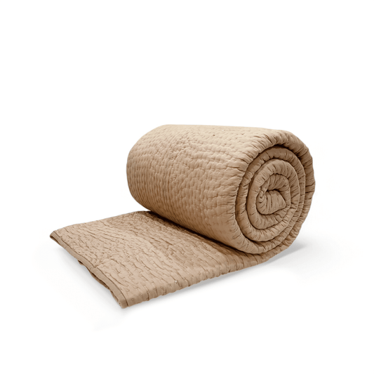 Fawn Beige Kantha Cotton Quilt | Stripe Pattern | Handmade | Single, Queen & King