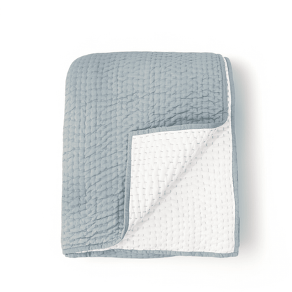 Duck Egg Kantha Cotton Quilt | Stripe Pattern | Handmade | Single, Queen & King