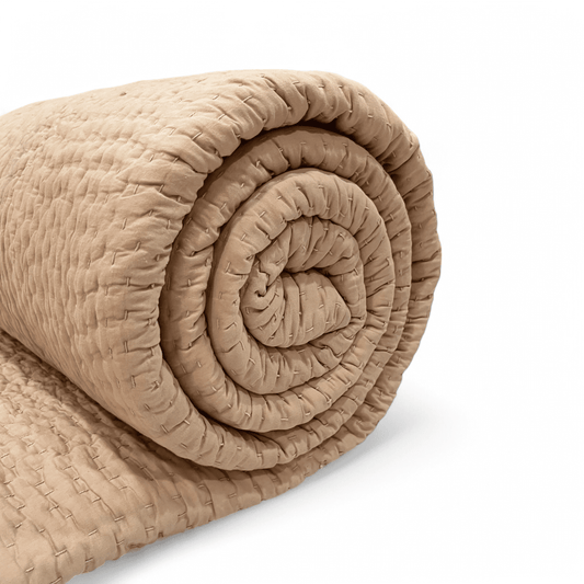 Fawn Beige Handcrafted Kantha Quilt – Soft Cotton Voile Throw