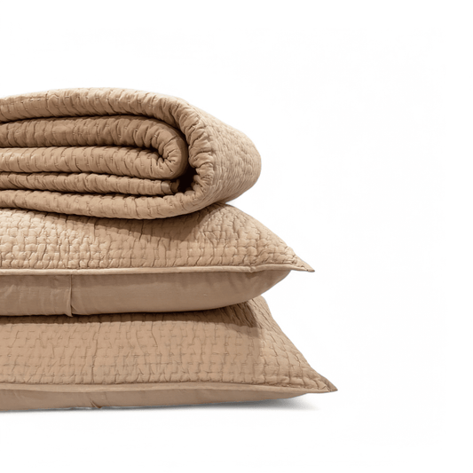 Fawn & Beige Kantha Quilted Bed Set | Hand Quilted Cotton Voile | Twin, Queen & King Sizes
