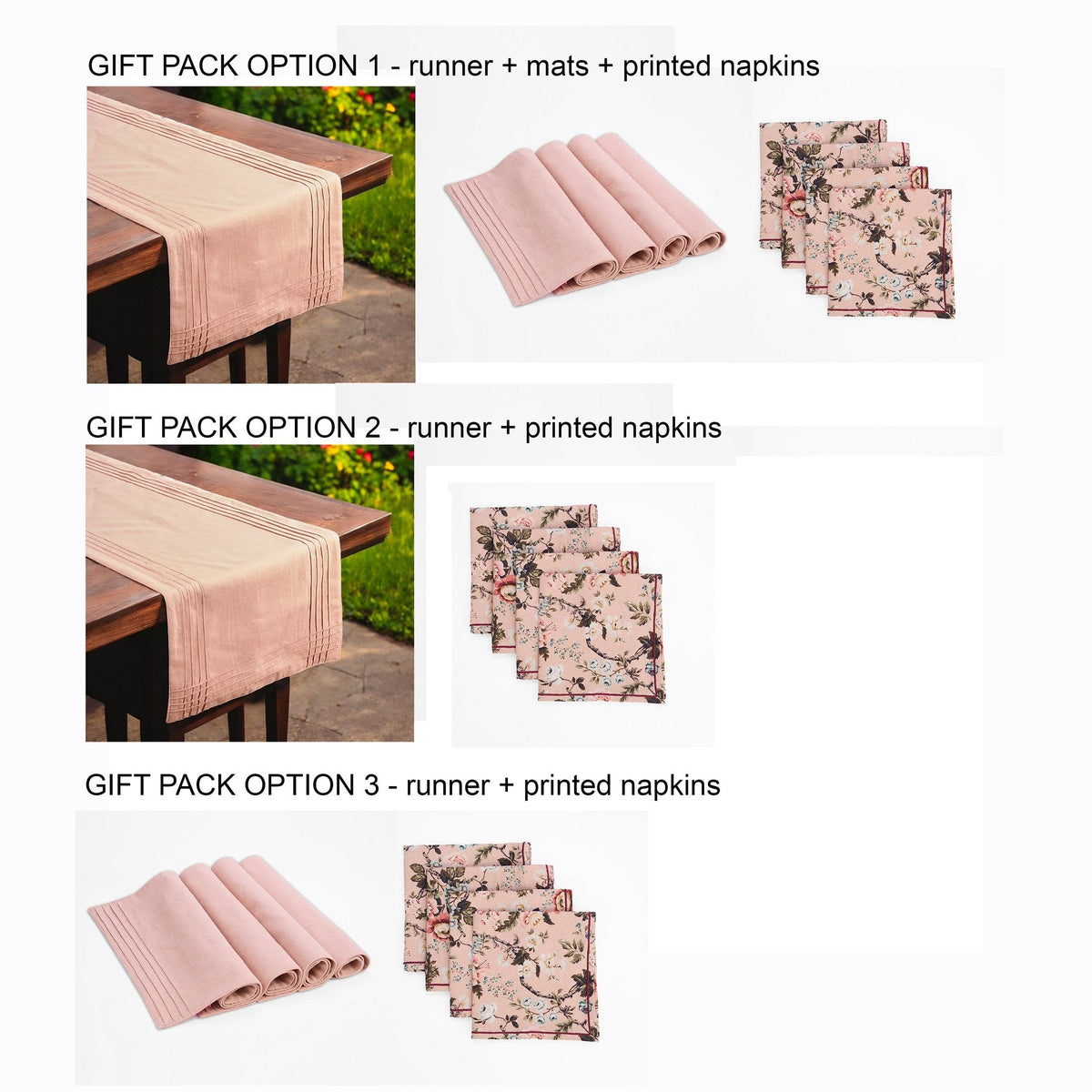 Amour Table Linen Gift Pack | 3 Colours × 3 Combinations | Beige, Blush & Duck Egg