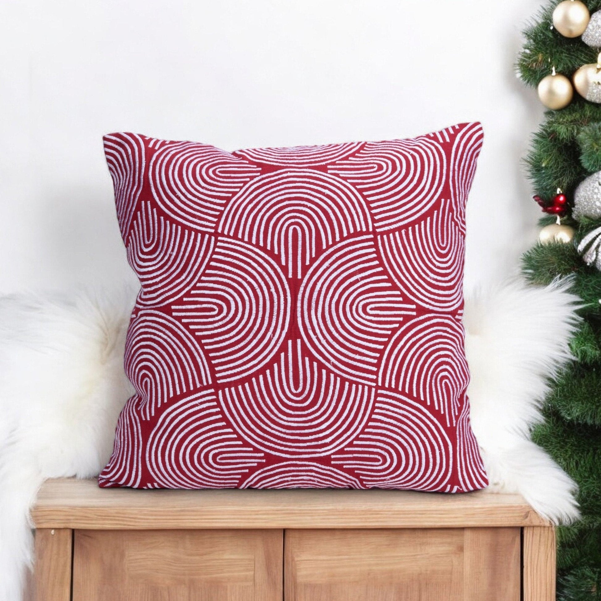 Red & White Christmas Pillow Cover with Modern Retro Embroidery