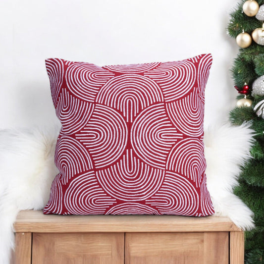 Red & White Christmas Pillow Cover with Modern Retro Embroidery