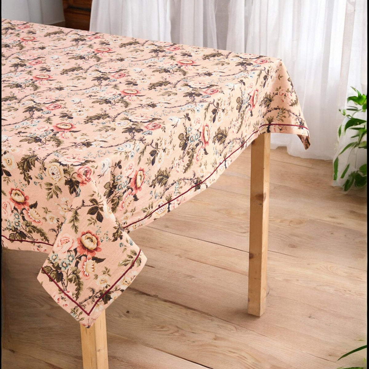 Amour Blush Linen Tablecloth | Vintage Rose Print | 3 Sizes including Round