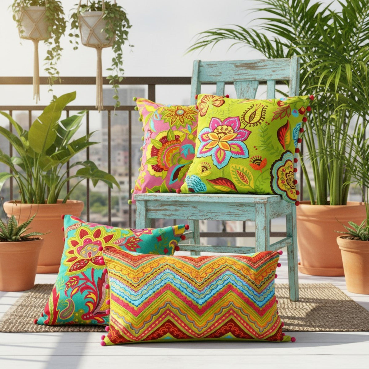 Stylized Floral - Green Embroidered & Appliqué Cushion Cover | 100% Cotton | Boho Decor
