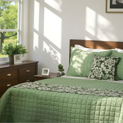 Sage Green Kantha Quilt Bed Set | Check Pattern with Striped Border | Cotton Voile | Handmade