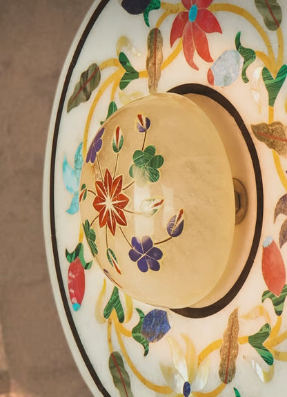 Warm Glow & Exquisite Craftsmanship: Alabaster Wall Sconce with LED & Floral Inlay