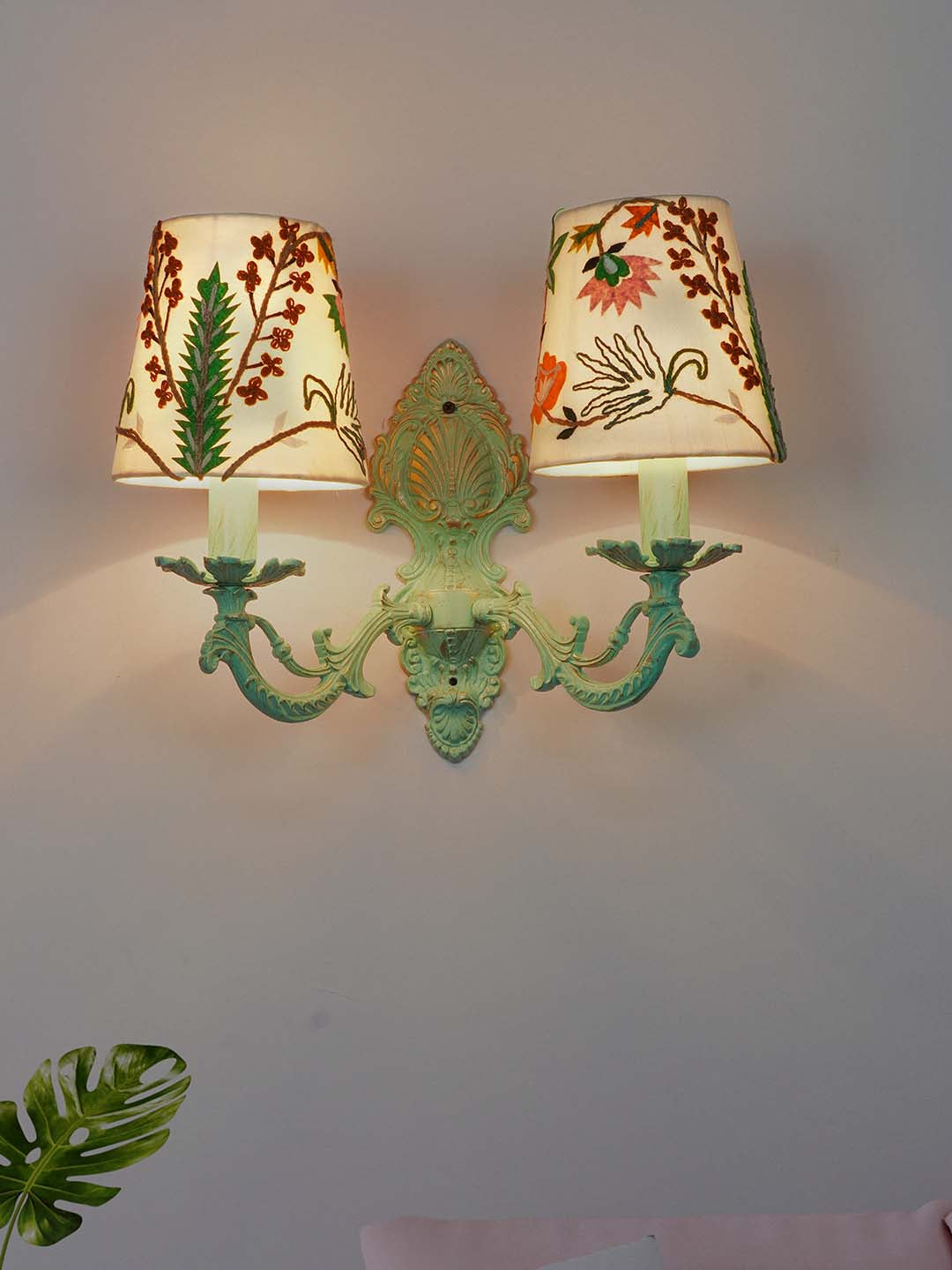 Distressed Green Fabric Aluminium 2-Light Wall Sconce – 40.6 cm