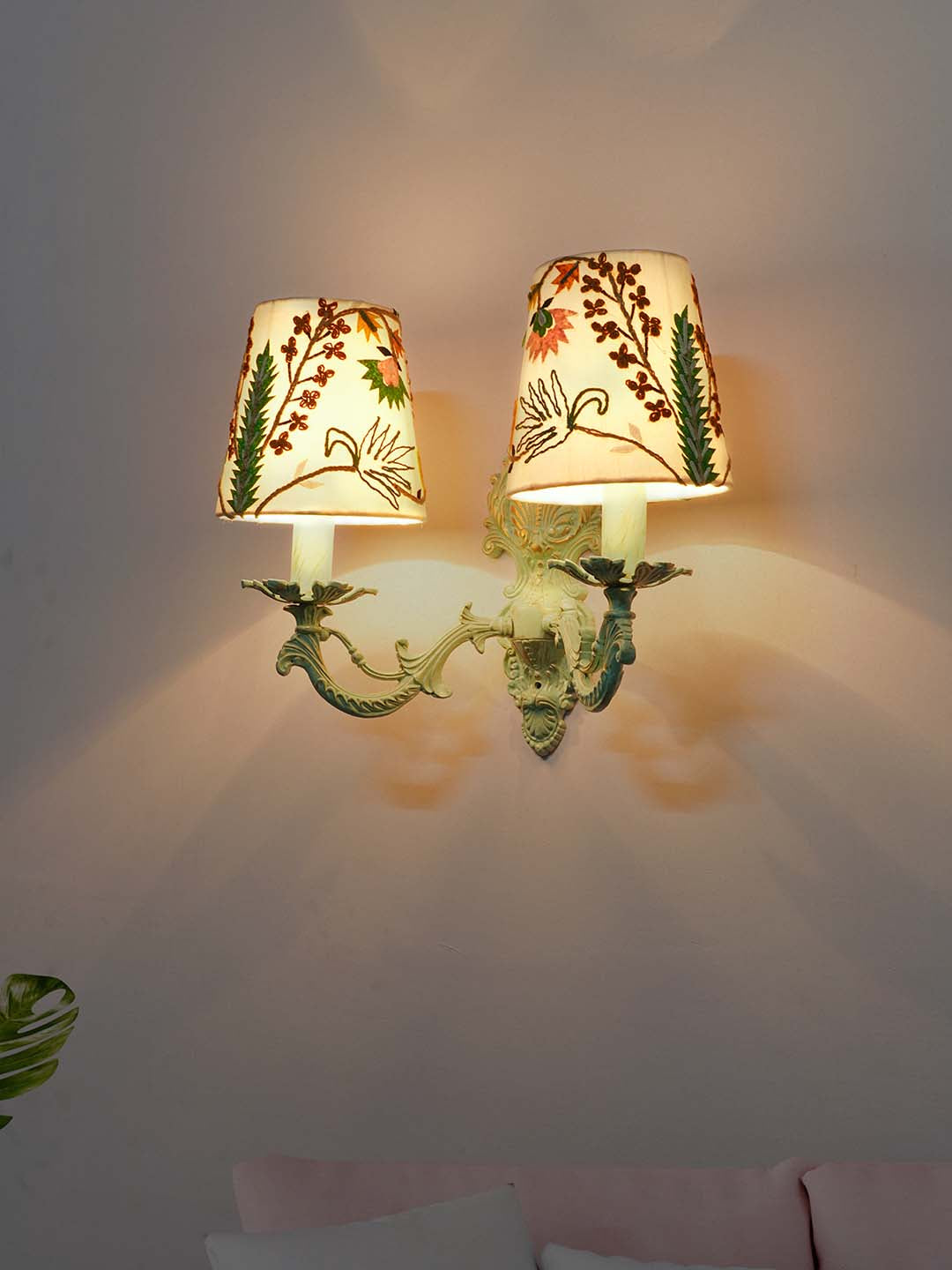 Distressed Green Fabric Aluminium 2-Light Wall Sconce – 40.6 cm