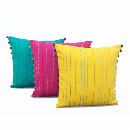 Stylized Solid Turquoise Cushion Cover with Rice Stitch & Pompoms