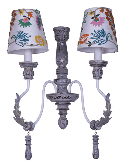 Distressed Grey Fabric Wood 2-Light Wall Sconce – 55.9 cm