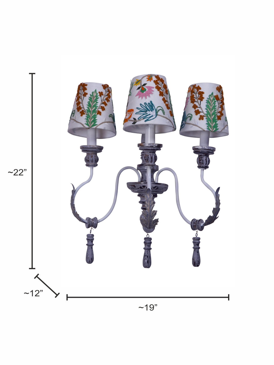 Distressed Grey Wood Fabric 3-Light Wall Sconce – 55.9 cm