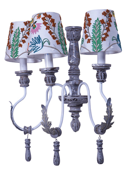 Distressed Grey Wood Fabric 3-Light Wall Sconce – 55.9 cm