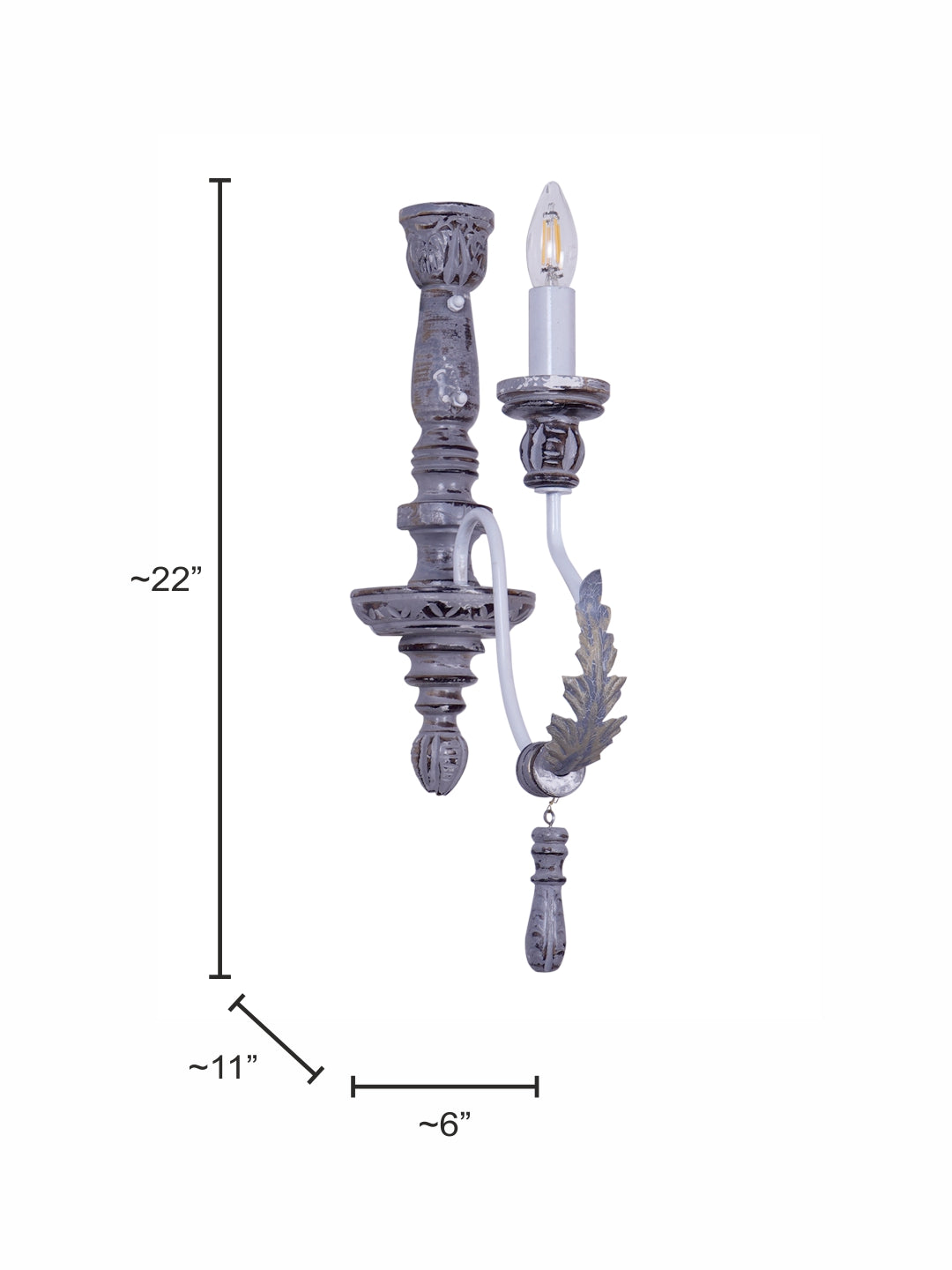 Distressed Grey Wood Wrought Iron 1-Light Candelabra Wall Sconce – 55.9 cm