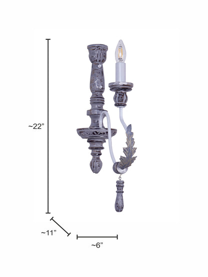 Distressed Grey Wood Wrought Iron 1-Light Candelabra Wall Sconce – 55.9 cm