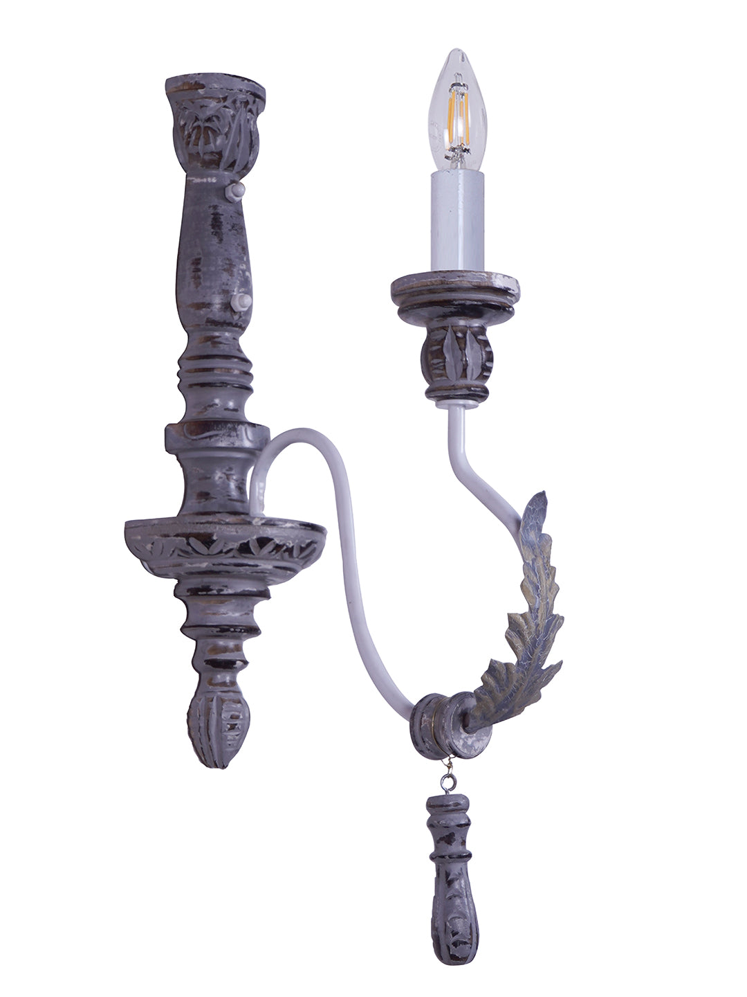 Distressed Grey Wood Wrought Iron 1-Light Candelabra Wall Sconce – 55.9 cm