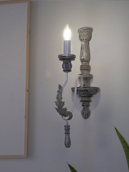 Distressed Grey Wood Wrought Iron 1-Light Candelabra Wall Sconce – 55.9 cm