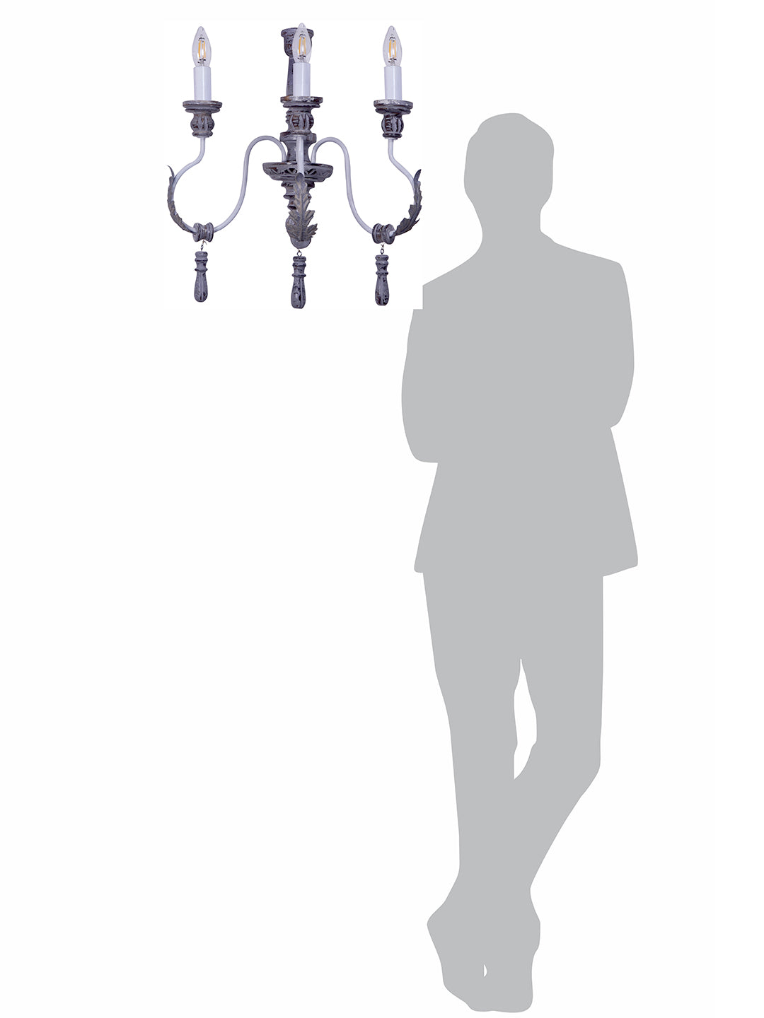 Distressed Grey Wood Wrought Iron 3-Light Candelabra Wall Sconce – 55.9 cm