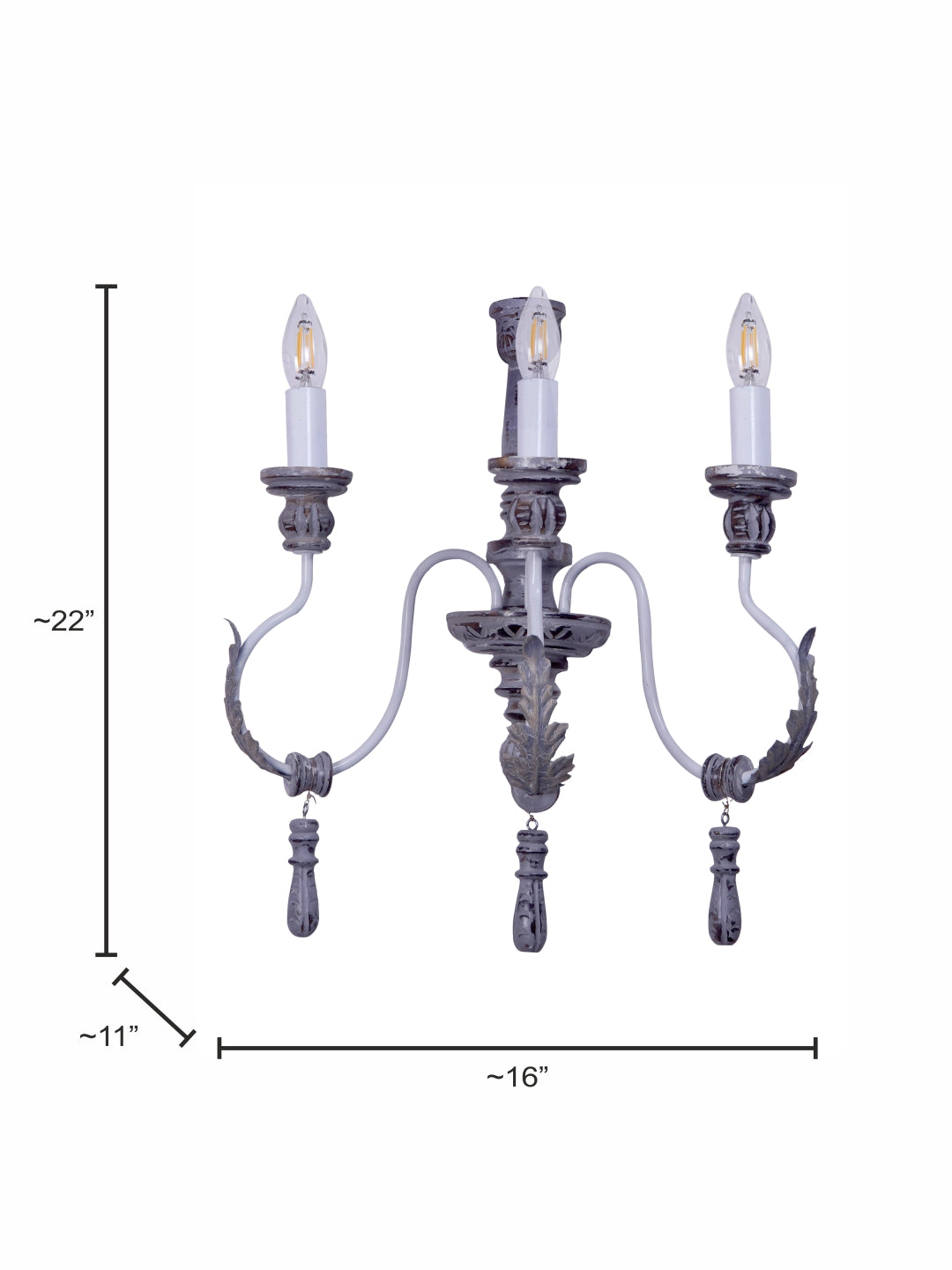 Distressed Grey Wood Wrought Iron 3-Light Candelabra Wall Sconce – 55.9 cm