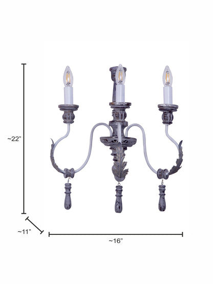 Distressed Grey Wood Wrought Iron 3-Light Candelabra Wall Sconce – 55.9 cm