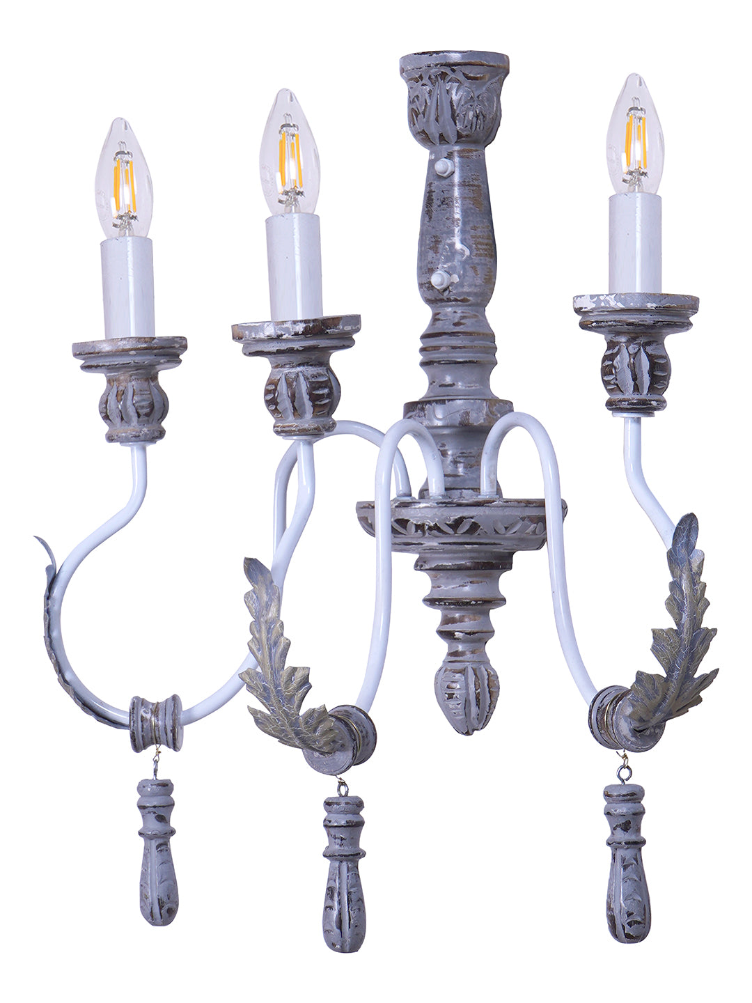 Distressed Grey Wood Wrought Iron 3-Light Candelabra Wall Sconce – 55.9 cm