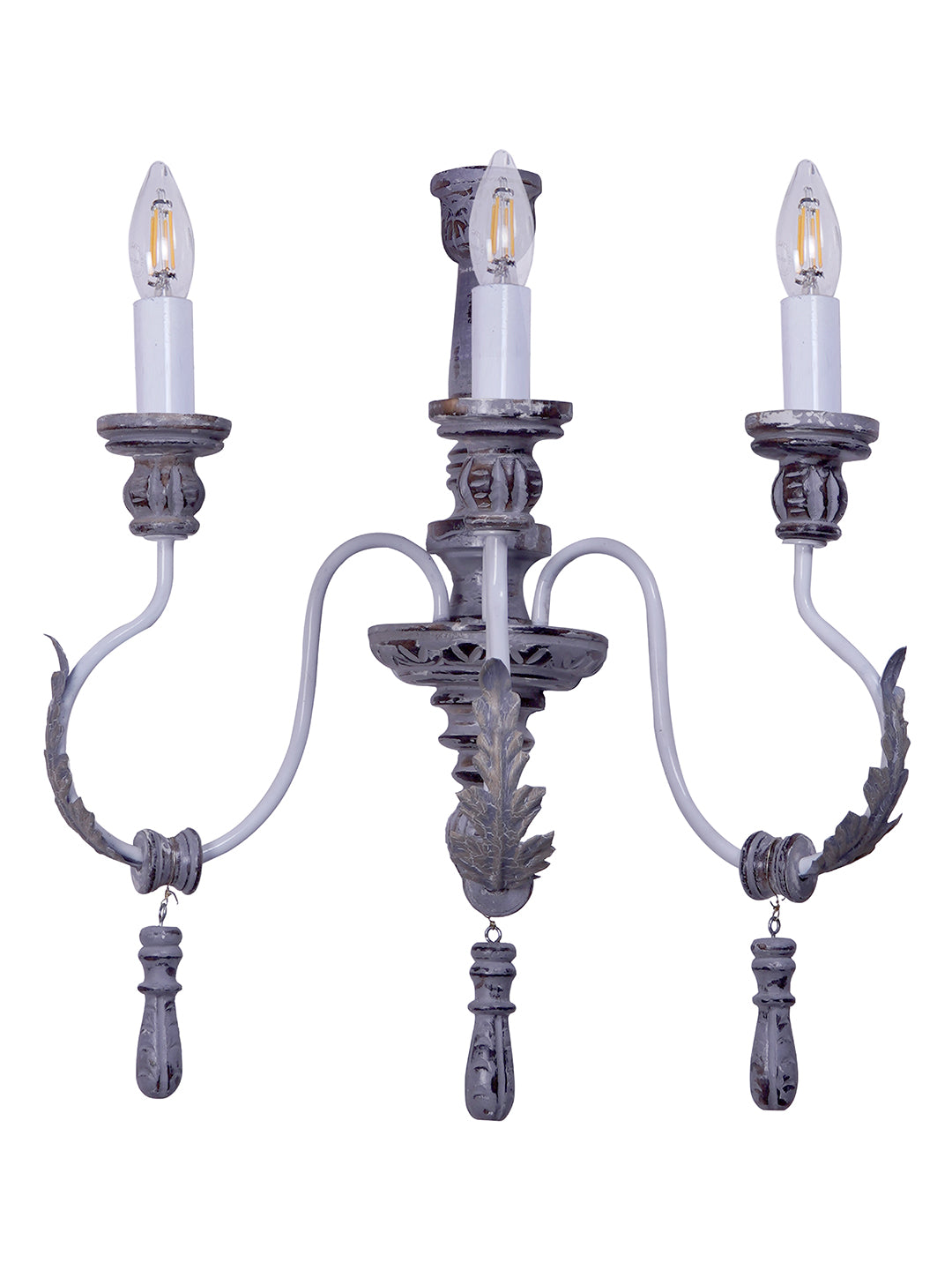 Distressed Grey Wood Wrought Iron 3-Light Candelabra Wall Sconce – 55.9 cm
