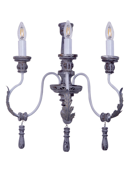 Distressed Grey Wood Wrought Iron 3-Light Candelabra Wall Sconce – 55.9 cm