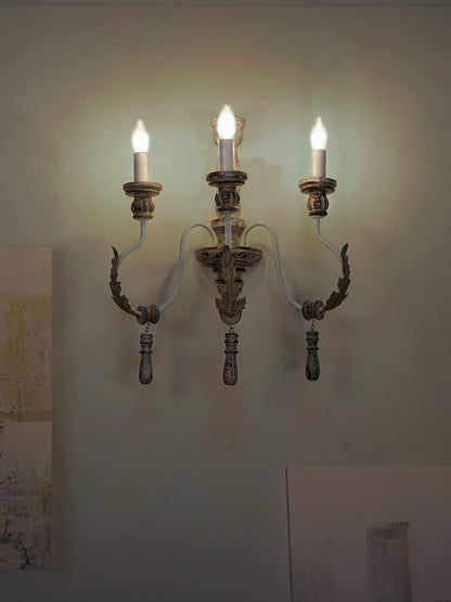 Distressed Grey Wood Wrought Iron 3-Light Candelabra Wall Sconce – 55.9 cm