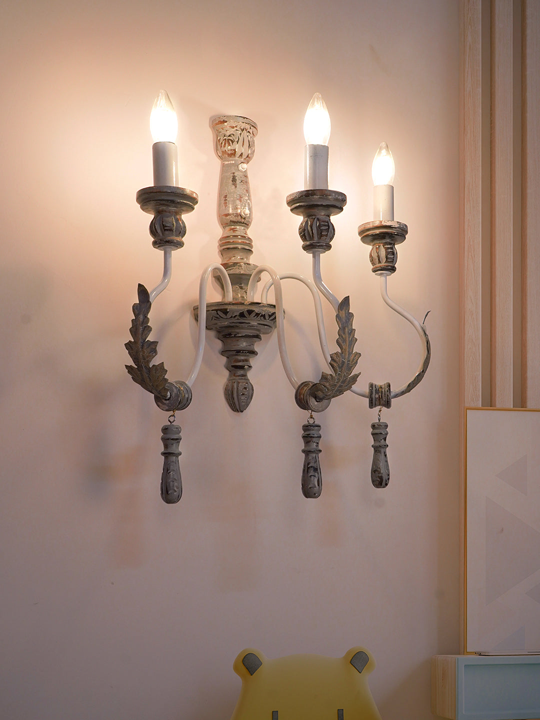 Distressed Grey Wood Wrought Iron 3-Light Candelabra Wall Sconce – 55.9 cm