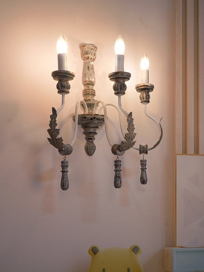 Distressed Grey Wood Wrought Iron 3-Light Candelabra Wall Sconce – 55.9 cm