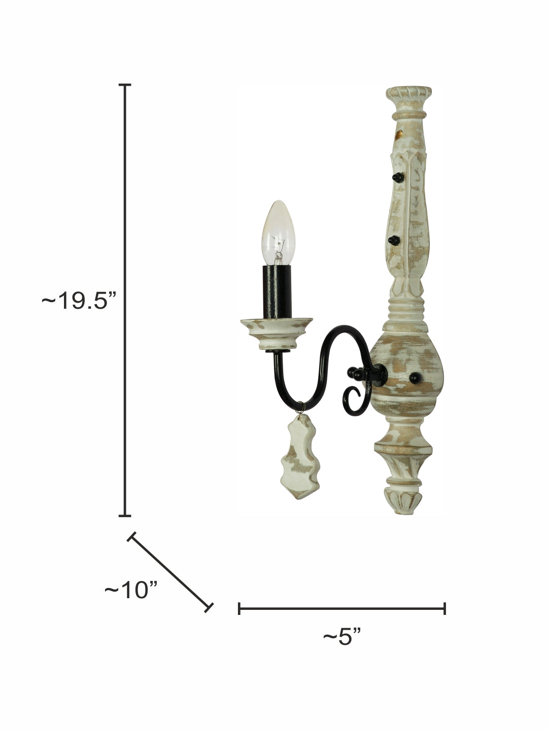 French White Distressed Wood Mild Steel 1-Light Wall Sconce – 49.5 cm