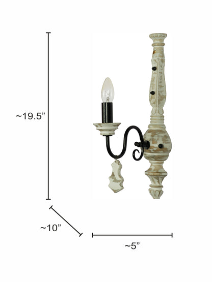 French White Distressed Wood Mild Steel 1-Light Wall Sconce – 49.5 cm