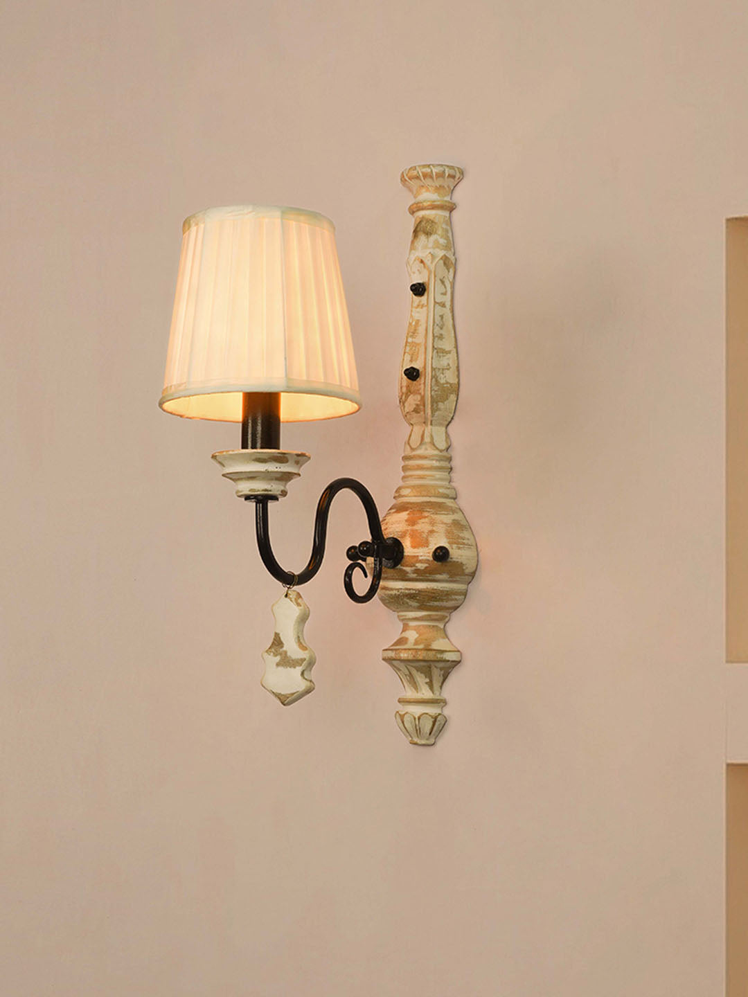 French White Fabric Wood 1-Light Wall Sconce – 49.5 cm