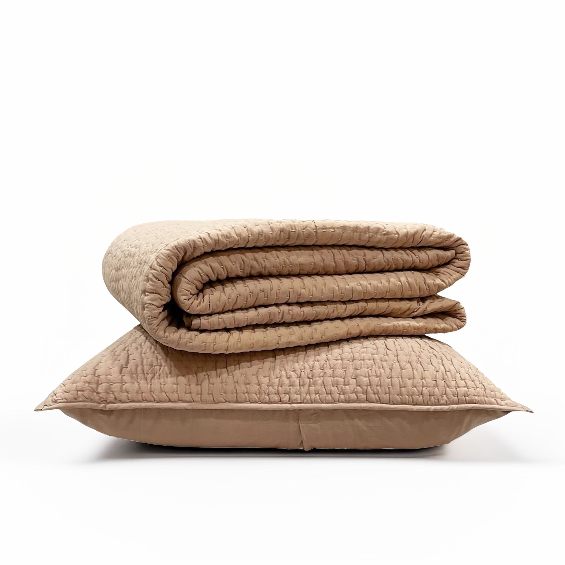 Fawn Beige Handcrafted Kantha Quilted Bed Set with Pillows