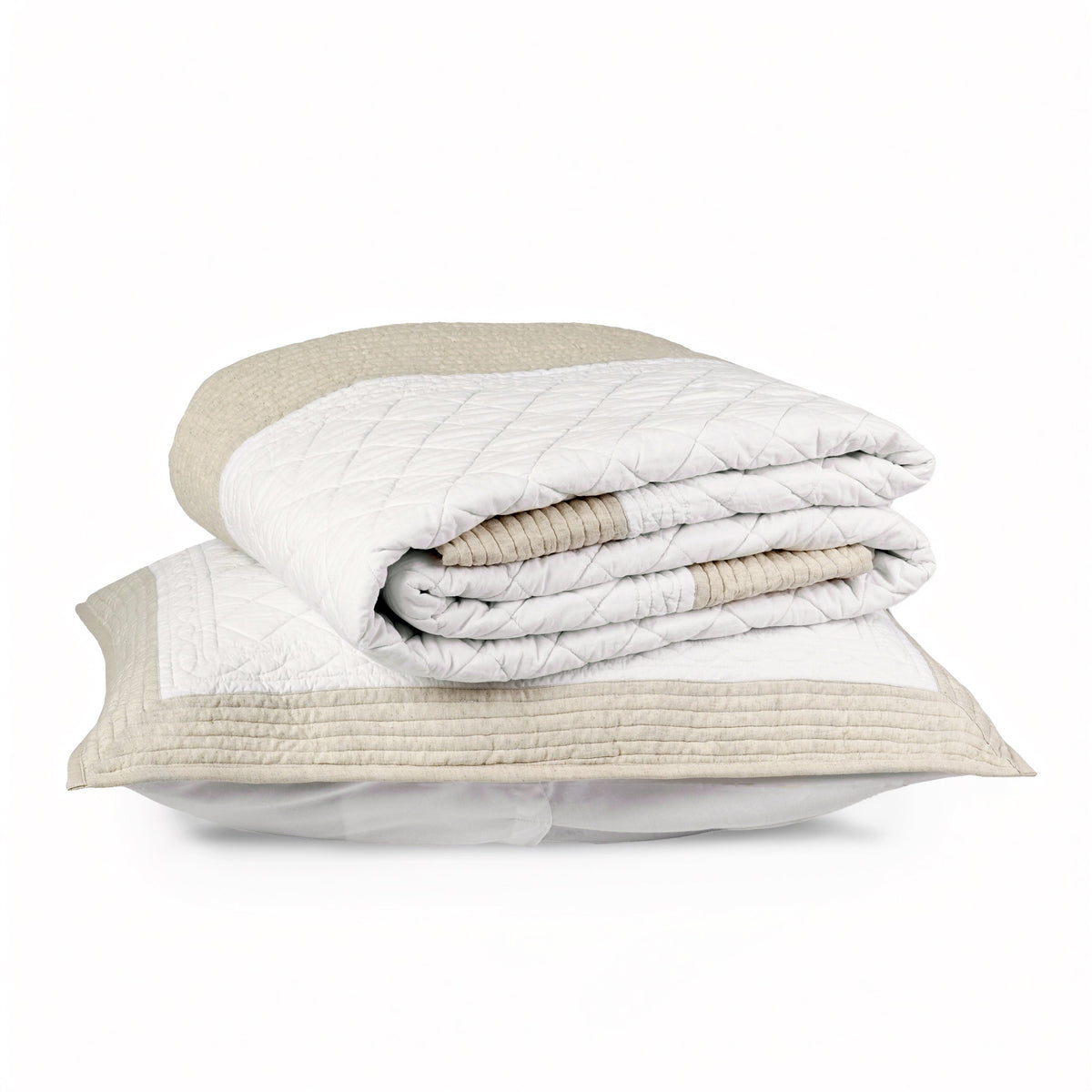 Shwet Natural & White Hand-Quilted Cotton Bed Set | Diamond Pattern | Quilt & Pillow Cases | Twin, Queen & King