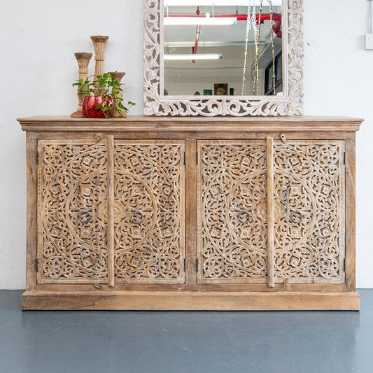 Handcrafted Carved Mango Wood Sideboard with White Wash Finish