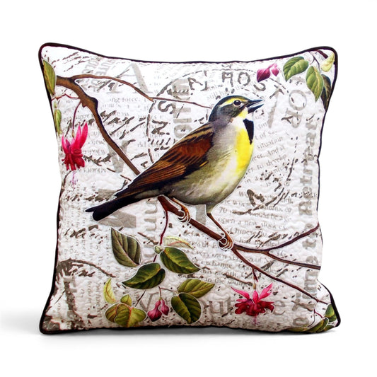 Botanical Sparrow Print Quilted Cushion Cover 16X16 inches