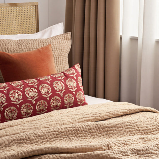 Fawn & Beige Kantha Quilted Bed Set | Hand Quilted Cotton Voile | Twin, Queen & King Sizes