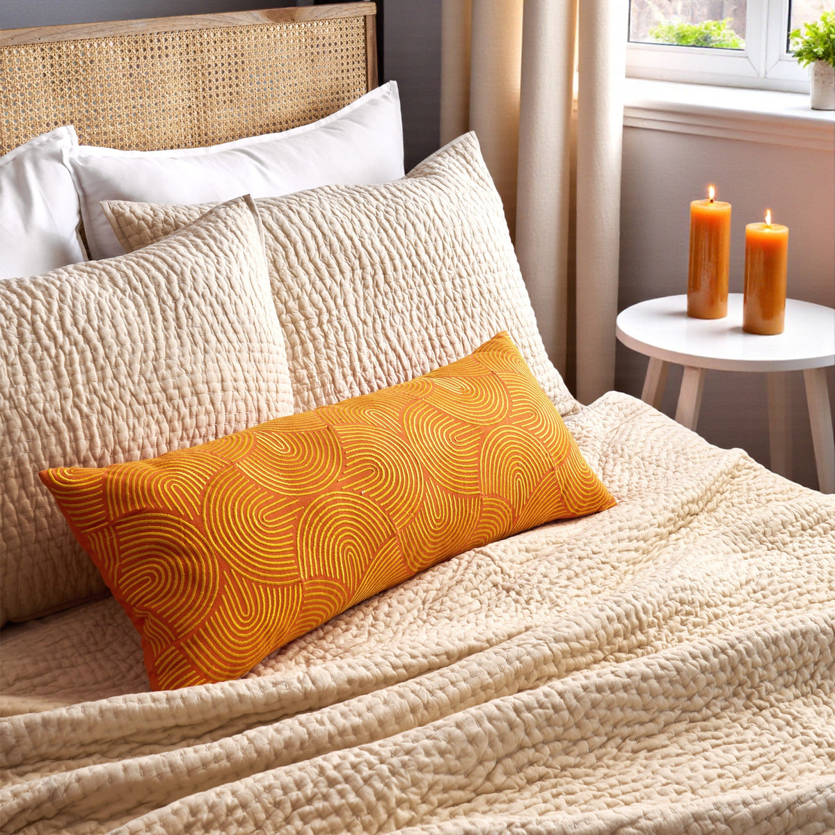 Sandstone Kantha Cotton Quilted Bed Set | Stripe Pattern | Handmade | Twin, Queen & King