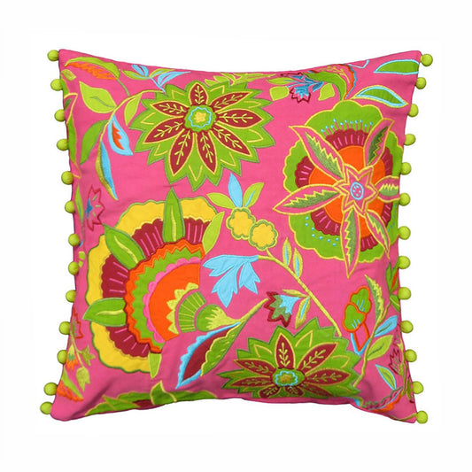 Stylized Pink Floral Embroidered Cushion Cover 16x16 & 18x18