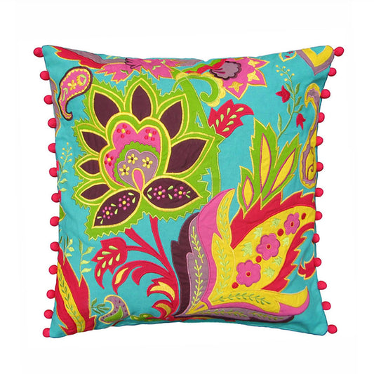 Elegant Stylized Floral Aqua Embroidered Cotton Cushion Cover for Home Decor