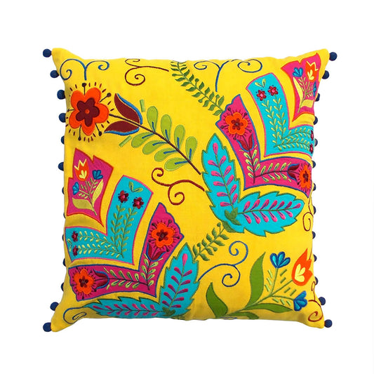 Stylized Floral Yellow Embroidered Cushion Cover for Living Room